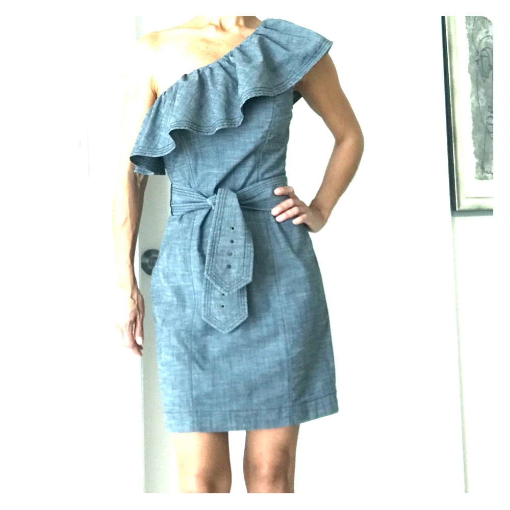 Trina Turk One-Shoulder Chambray Blue Ruffle Dress